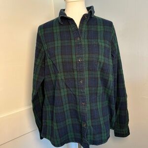 LL Bean | Classic flannel plaid button down | Green/Navy | Women's Large